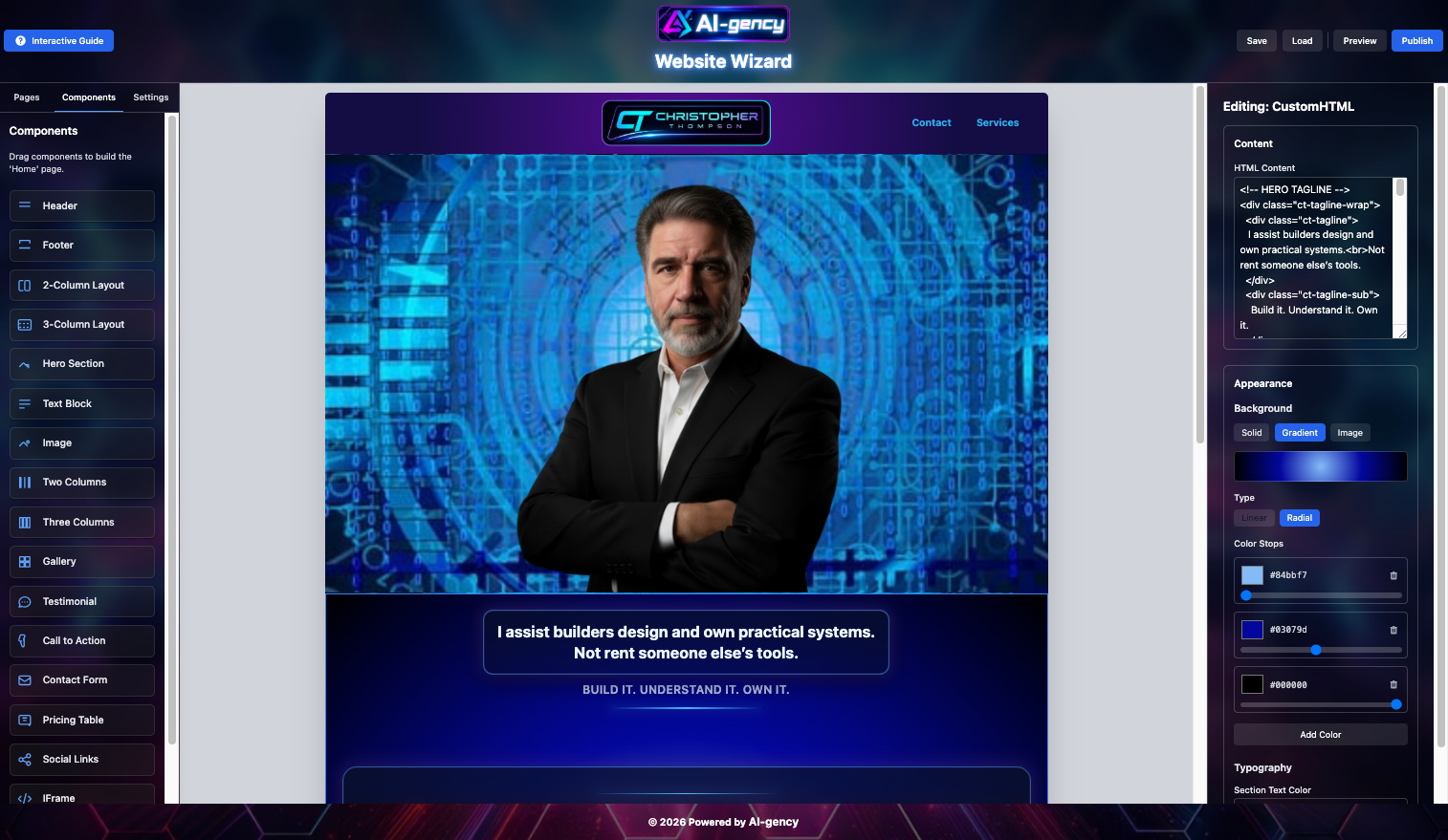 Custom website builder interface